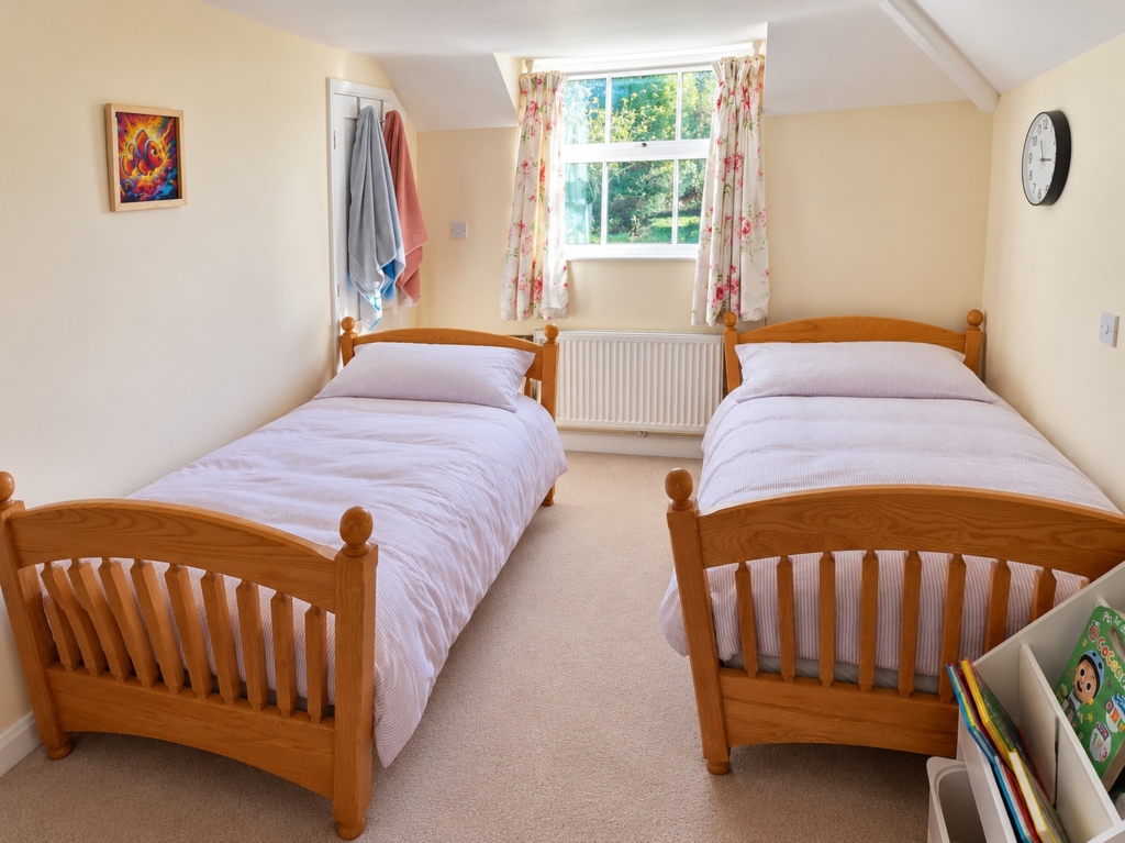 Twin bedroom with pine beds and garden view in Loddon Hall Cottage, Norfolk