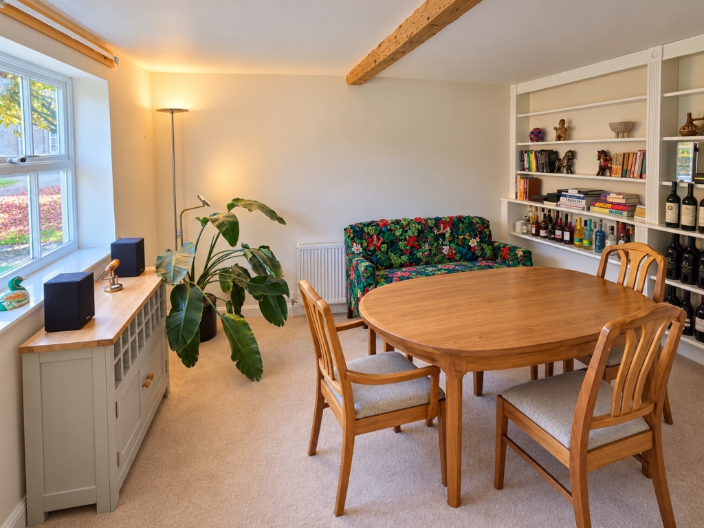Dining area with exposed beam and built-in shelving in Loddon Hall Cottage, Norfolk