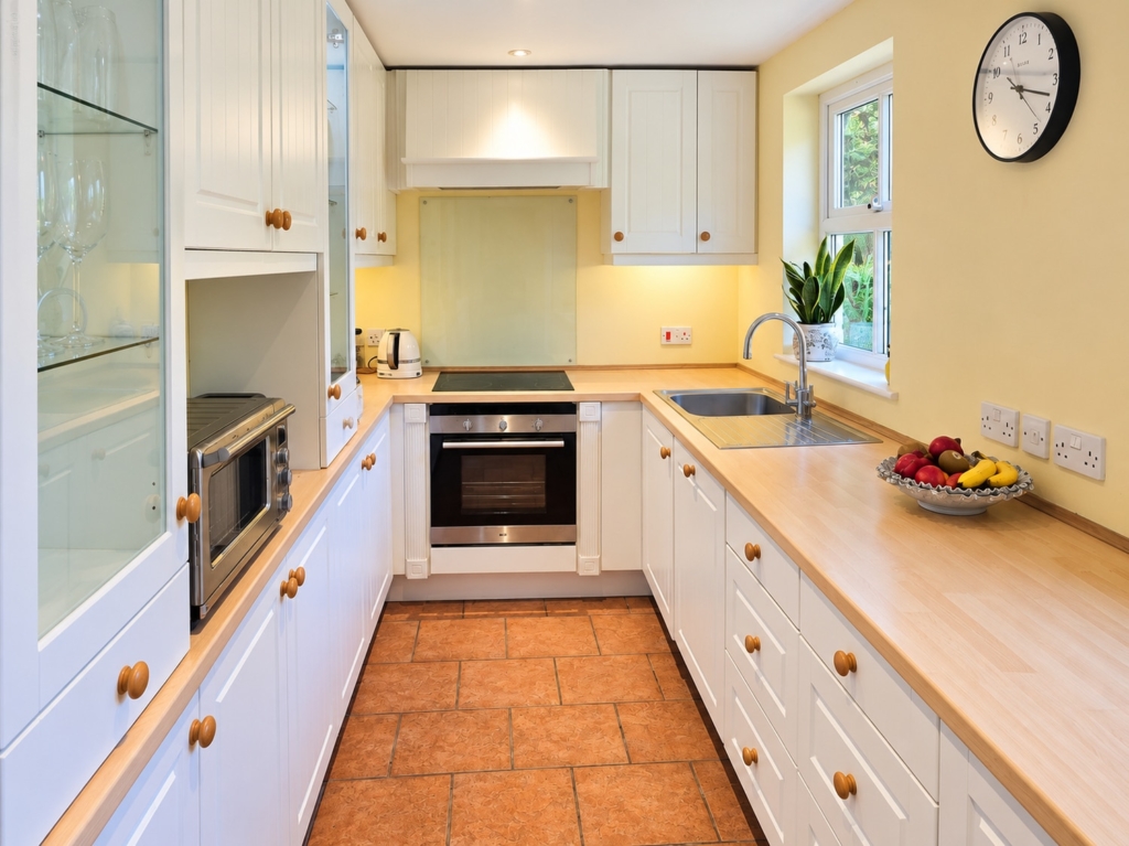 Fitted kitchen with oven, hob and tiled floor in Loddon Hall Cottage, Norfolk