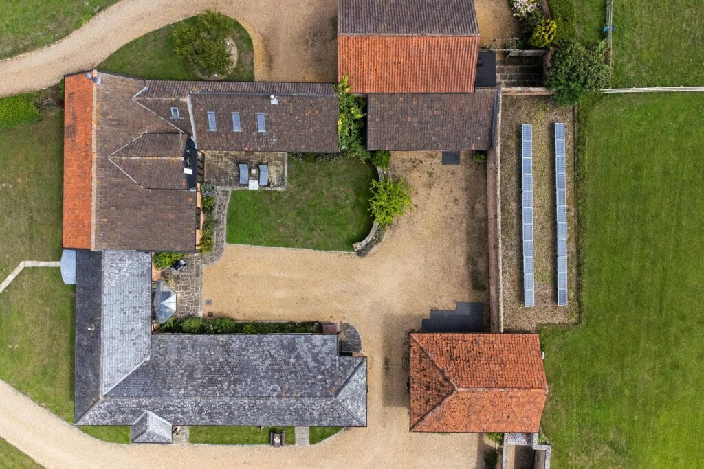 A birds eye view of Mill House Barn with the secure courtyard garden