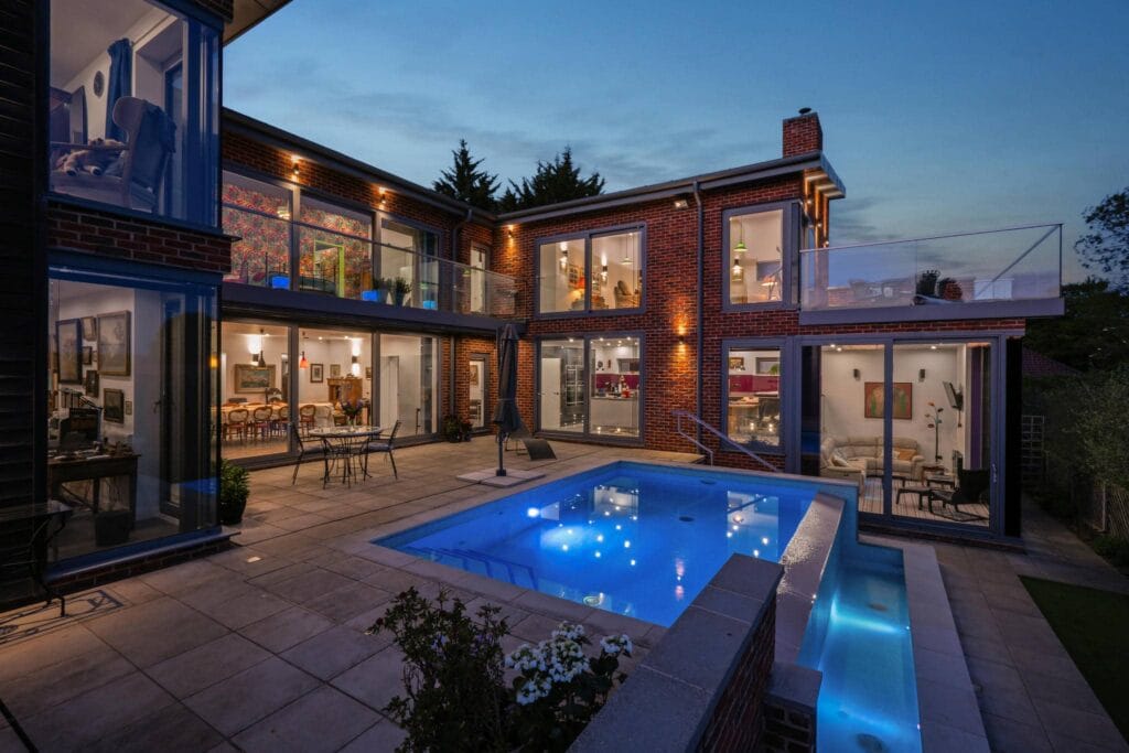 Pool and patio at night