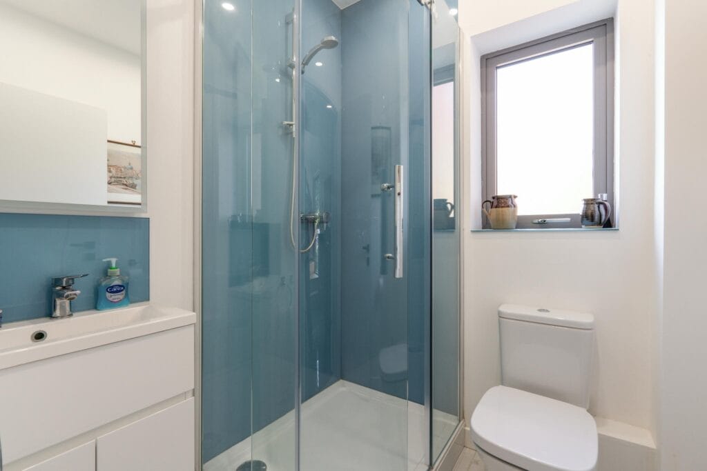 Crisp blue-accented guest shower room with sleek modern design.