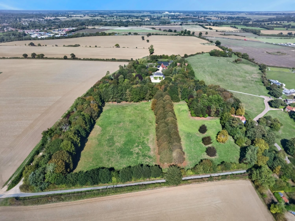 Aerial of Loddon Hall estate with paddocks, lime avenue and farmland, Norfolk