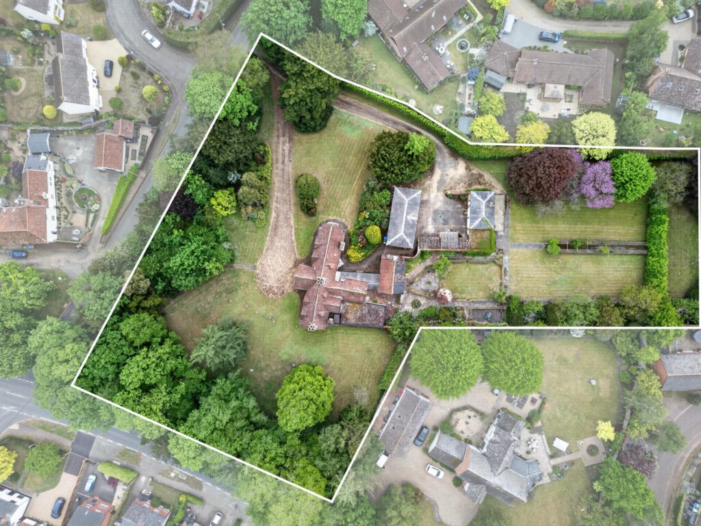 Aerial plot plan of The Priory Suffolk showing site boundary, gardens, outbuildings and grounds