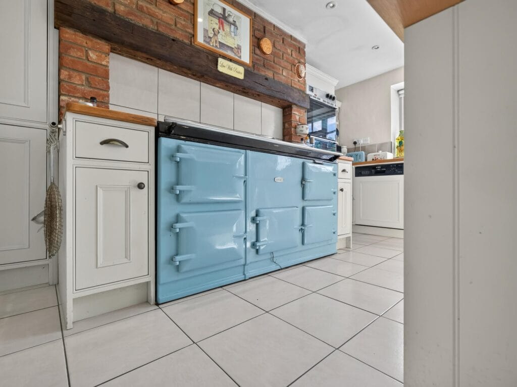 Blue AGA range cooker set within classic white shaker kitchen