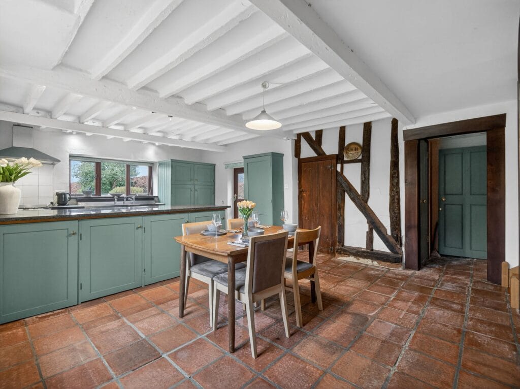 Beamed kitchen dining area