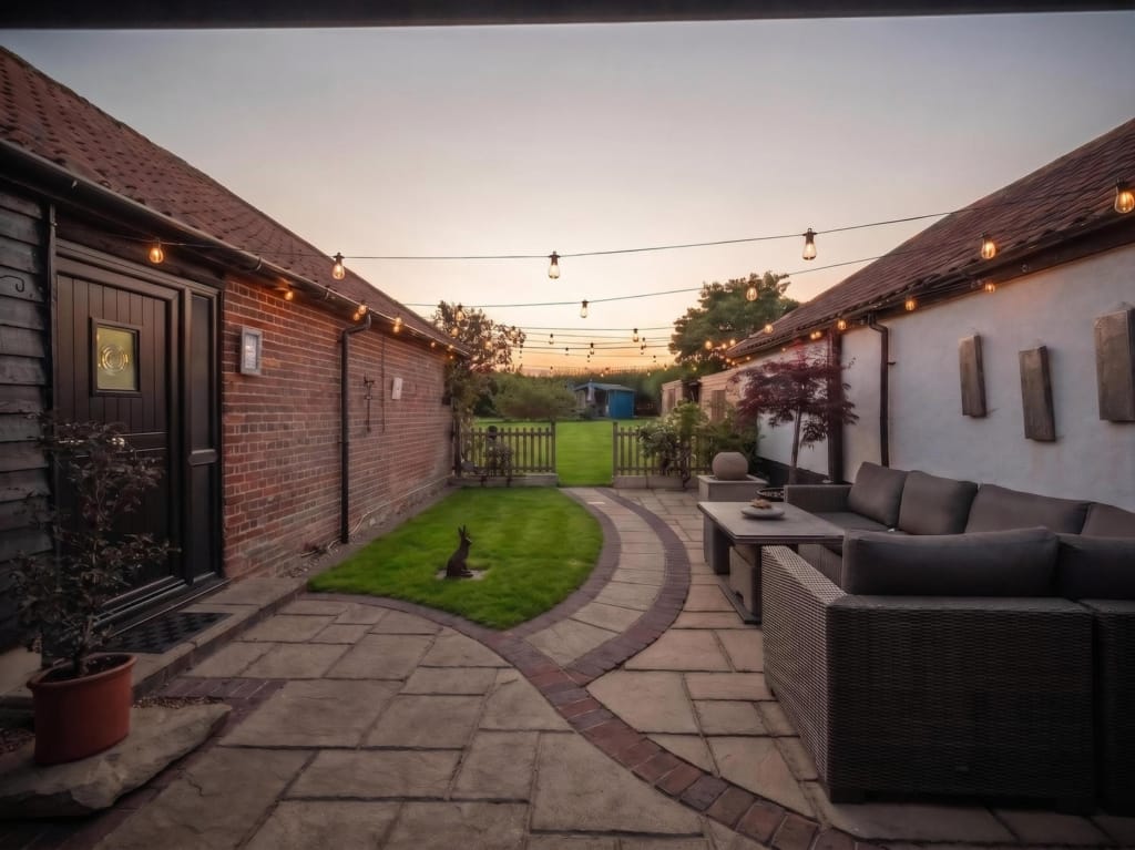 Courtyard terrace at dusk with festoon lights, rattan seating, and lawn beyond, The Tithe Barn, Sisland, Norfolk