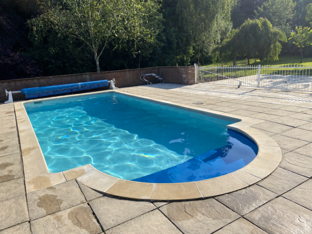 Outdoor swimming pool with paved terrace in the walled grounds of Loddon Hall, Norfolk