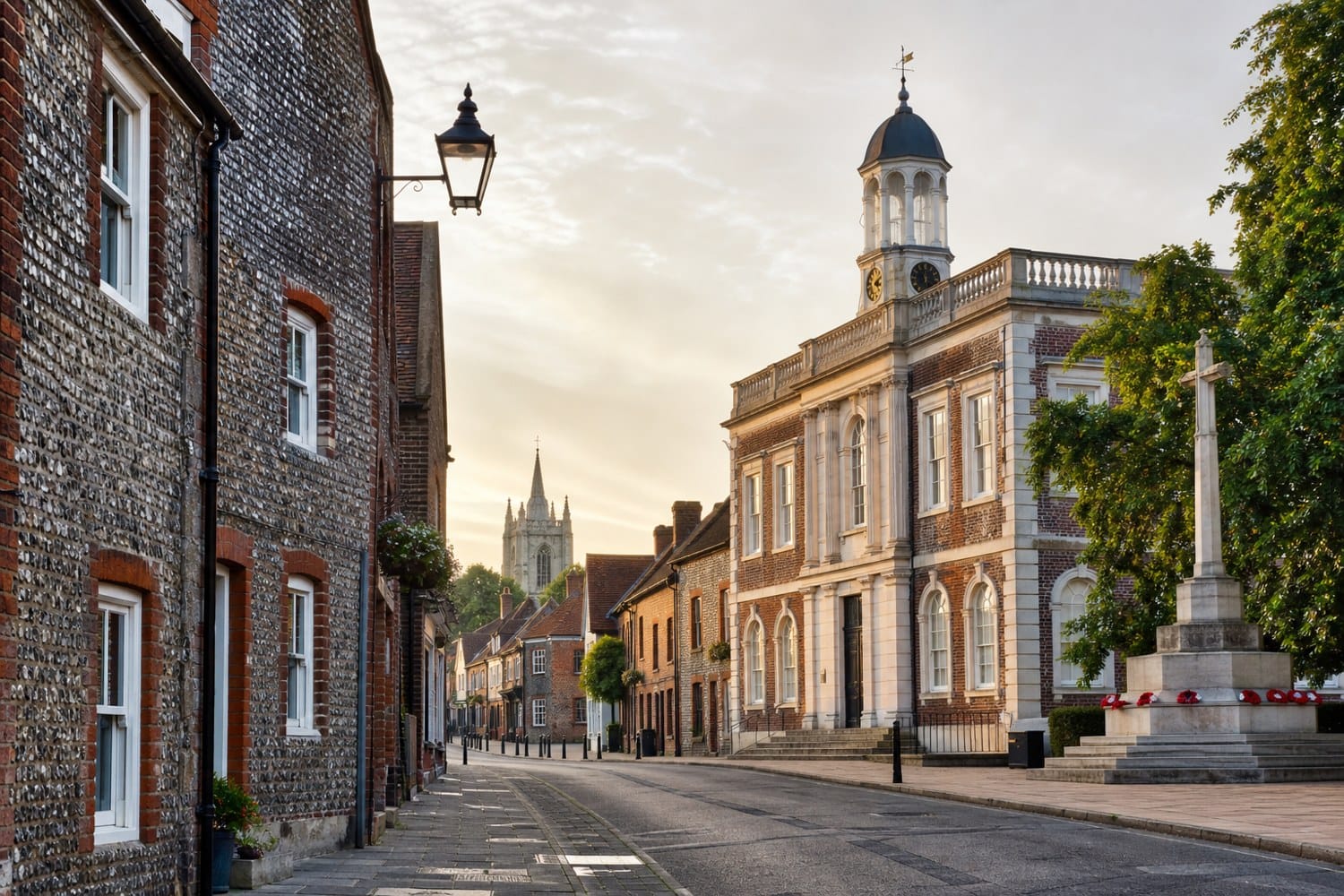 Norfolk market town high street with flint buildings and a Georgian town hall at sunrise