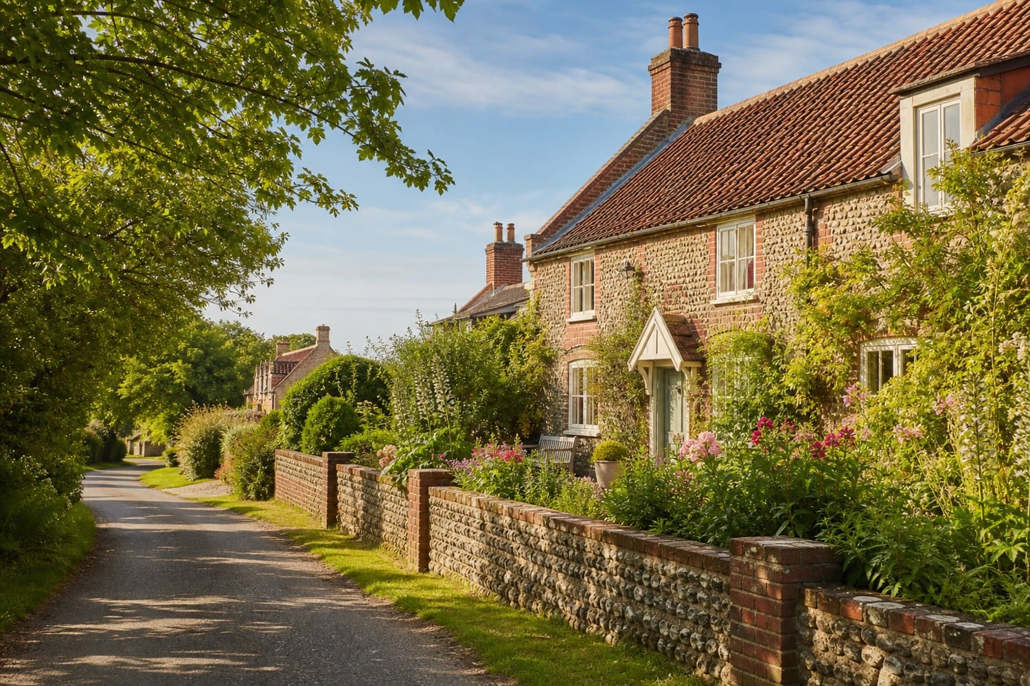 Brick and flint Norfolk village house with mature garden on a summer morning