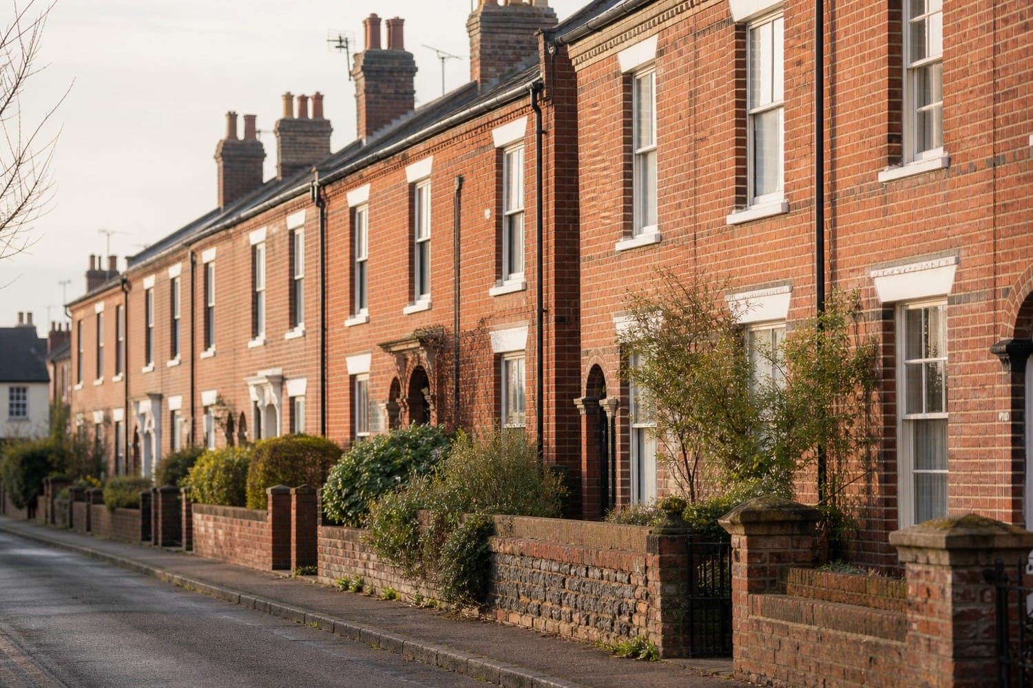 Victorian red-brick terraced houses on a Norwich street in morning light