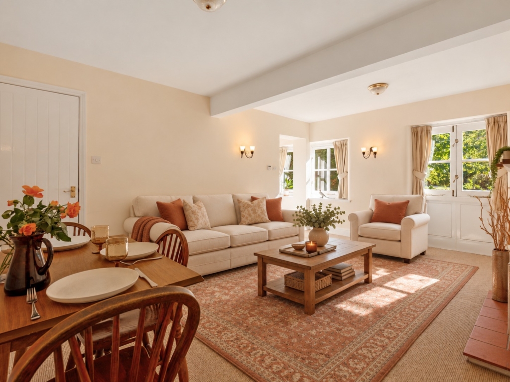 Living and dining room with French doors in Stable Cottage at Loddon Hall, Norfolk