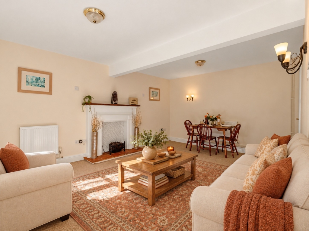 Sitting room with fireplace and dining area in Stable Cottage at Loddon Hall, Norfolk
