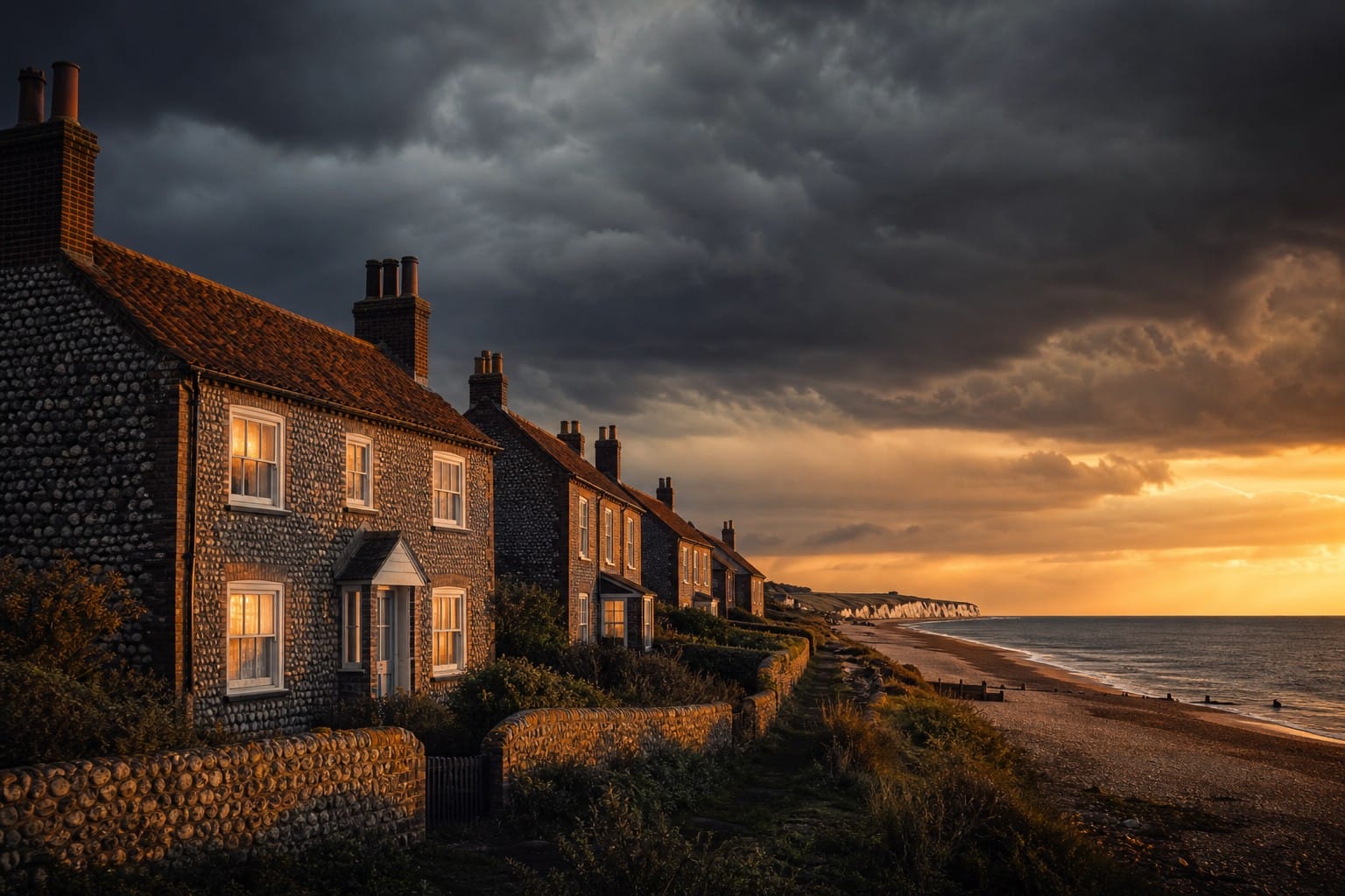 Norfolk flint cottages under stormy skies at golden hour, reflecting uncertainty in the property market