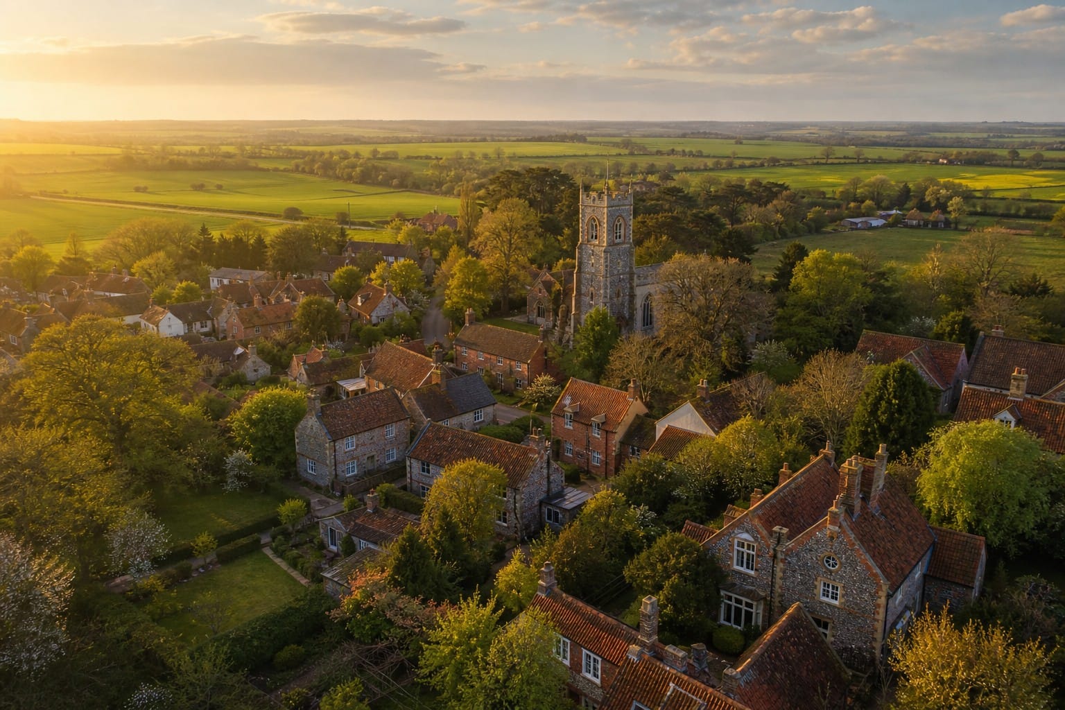 Aerial view of a Norfolk village with traditional flint cottages and rolling green fields