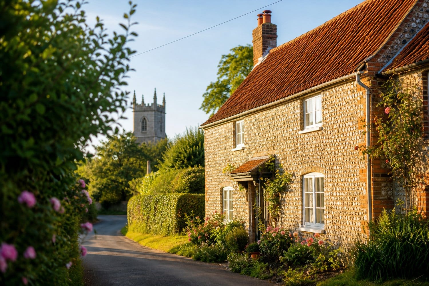 Norfolk village scene with flint cottage and church tower on a summer morning