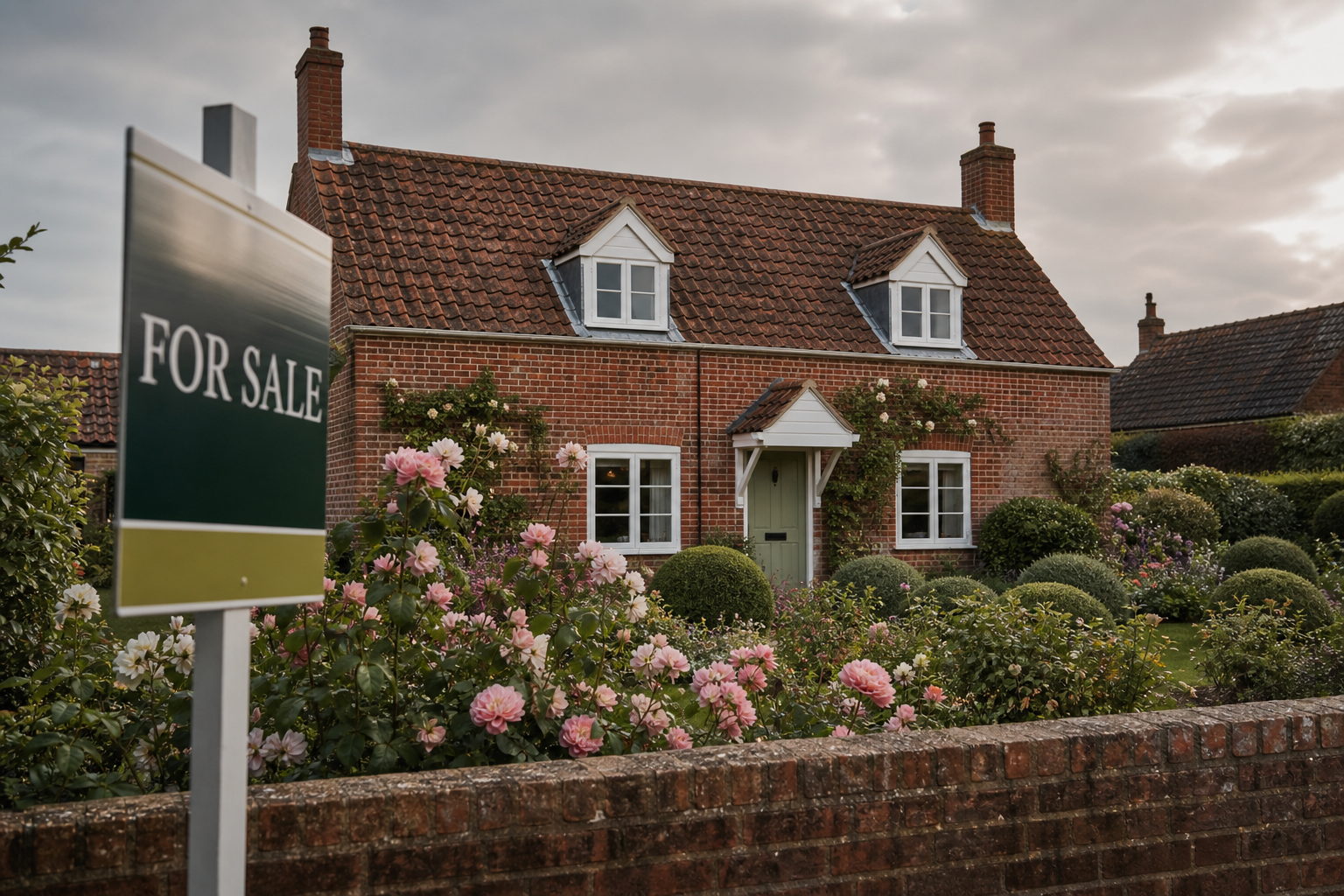 A traditional Norfolk cottage with a For Sale sign in morning light
