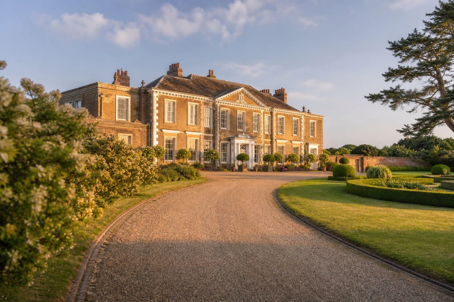 Georgian manor house in Norfolk with sweeping gravel driveway and manicured gardens in golden hour light