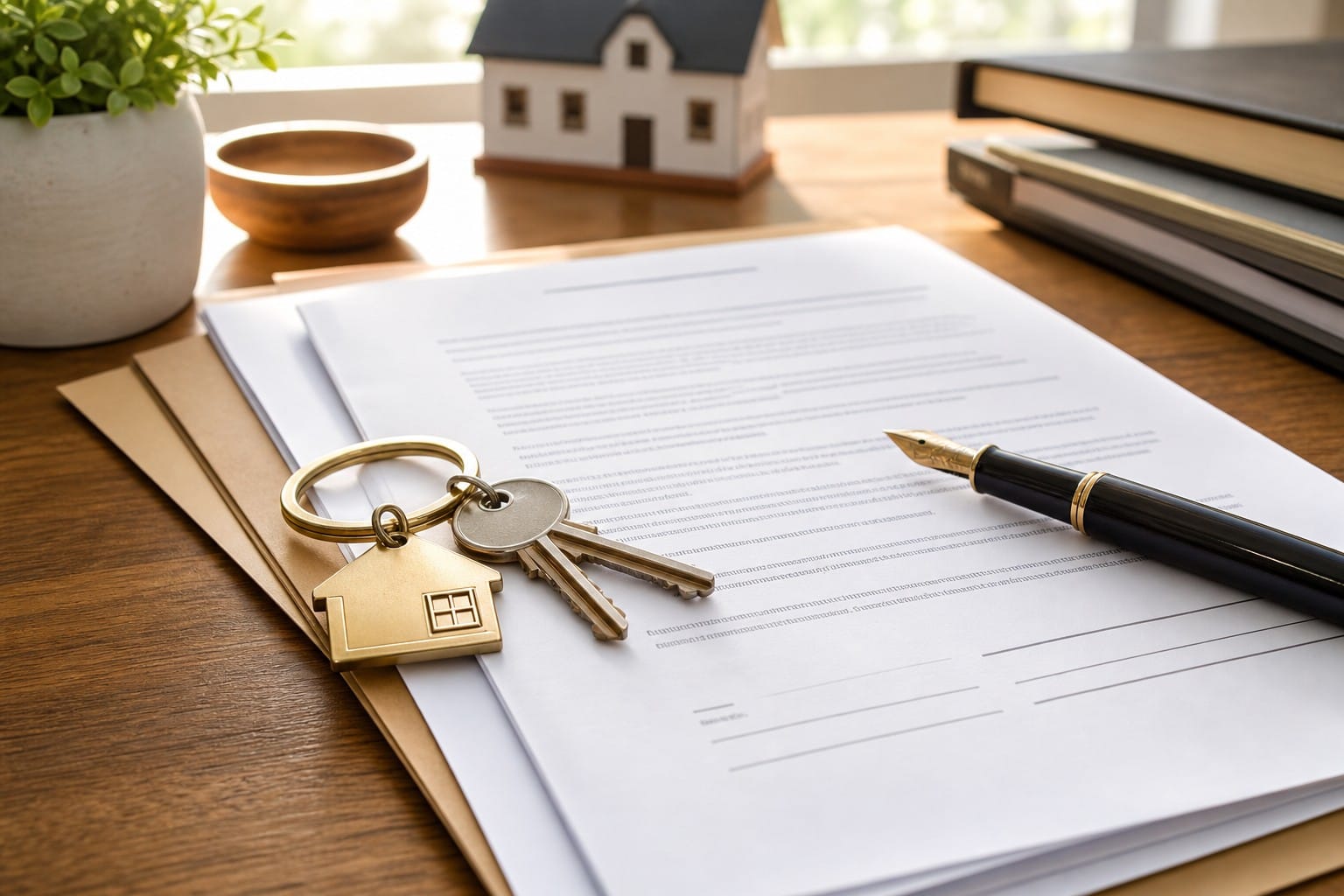 House keys and property documents on a desk in morning light, representing the homebuying process