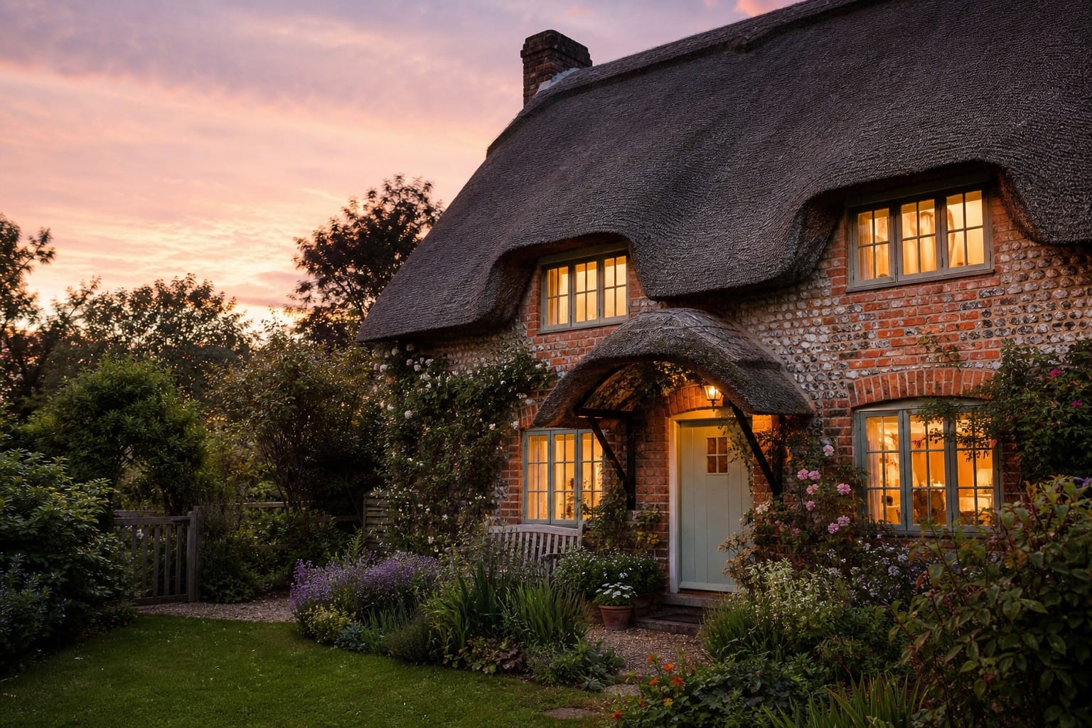 A charming period Norfolk cottage with warm light glowing from windows at dusk
