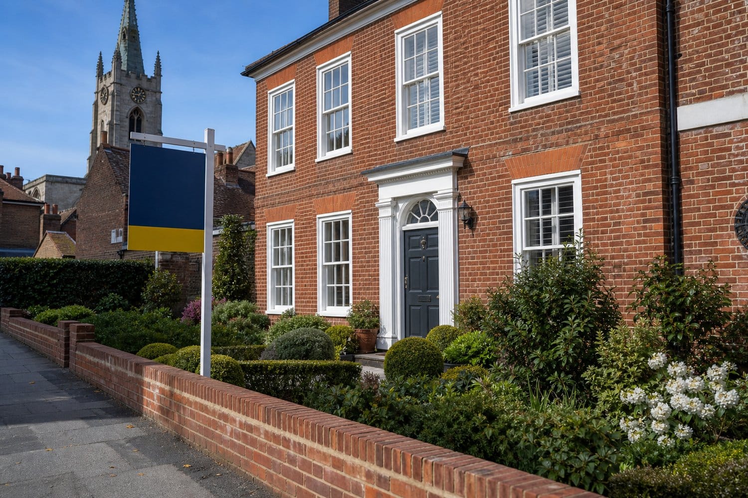 Georgian townhouse in a Norfolk market town with estate agent board