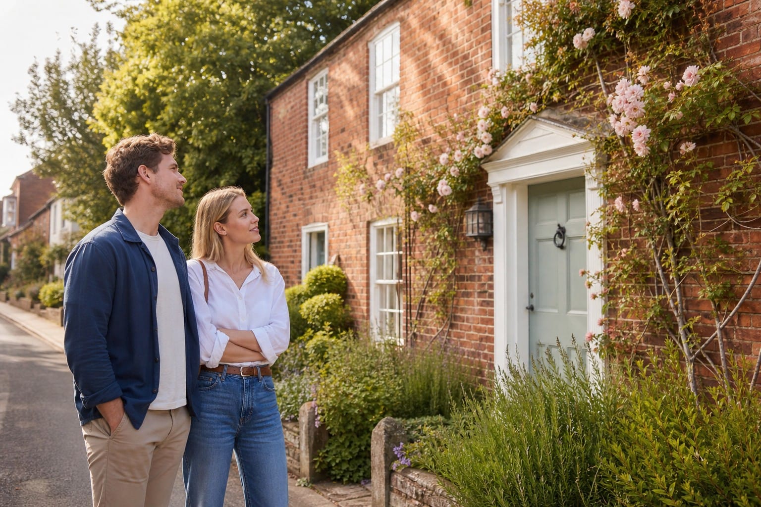 Young couple viewing a charming red-brick Norfolk cottage on a quiet village street in summer