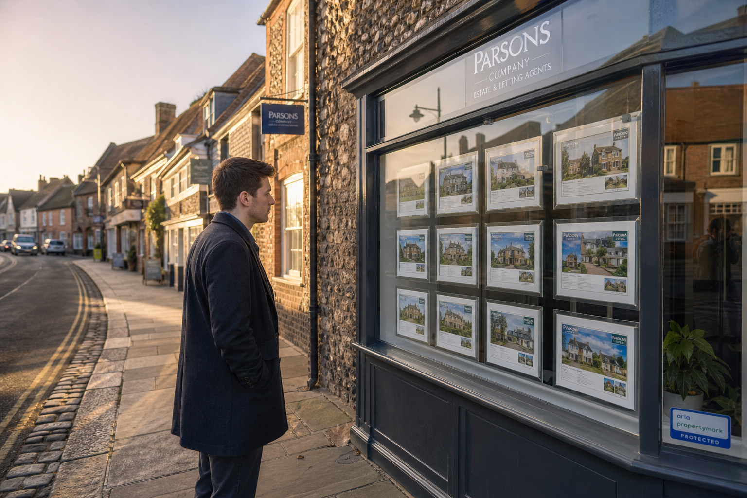 A young professional looking at property listings in a Norfolk estate agent window