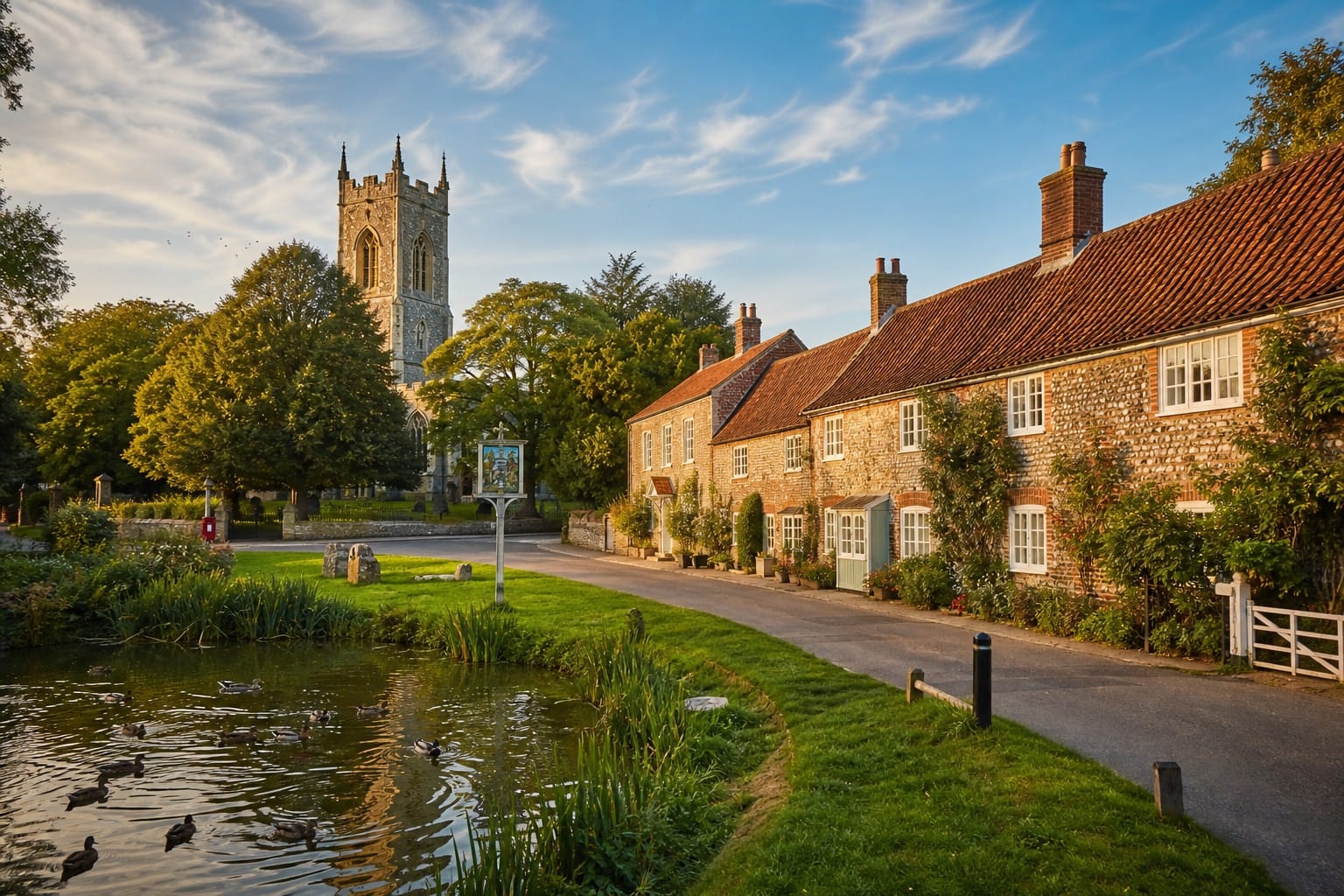 A Norfolk village with flint cottages, a medieval church tower and a duck pond in golden evening light
