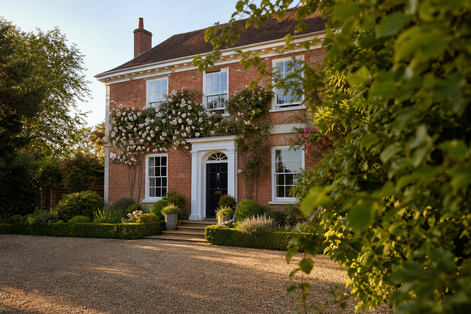 Elegant Norfolk country house entrance at golden hour