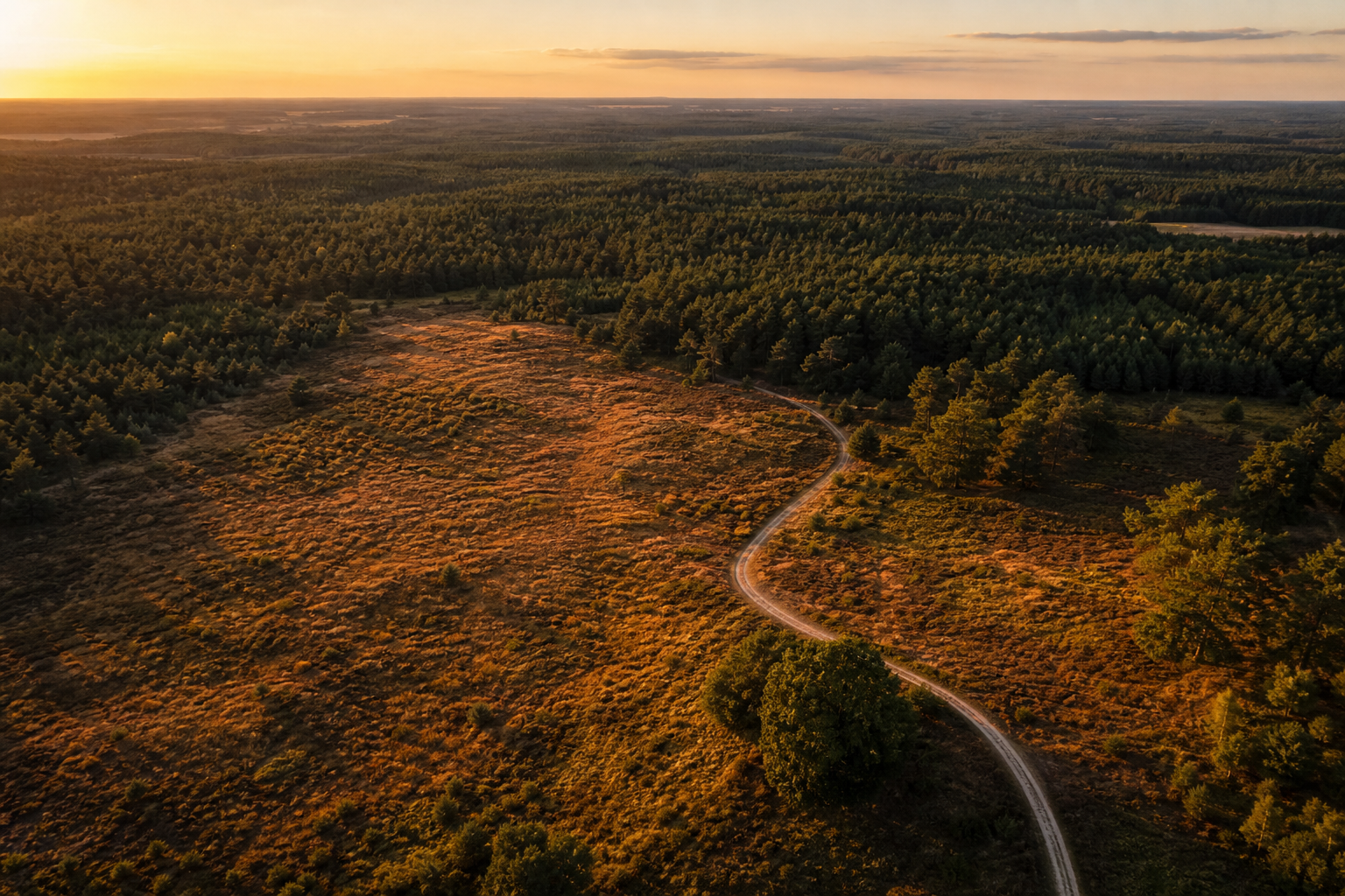 Aerial view of Breckland heathland and Thetford Forest at golden hour, Norfolk