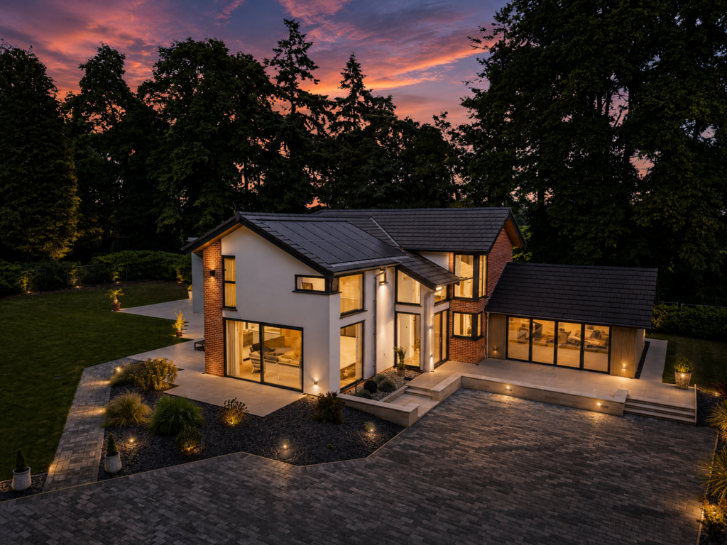 Modern contemporary home at 1 Woods End photographed at dusk with warm interior lighting and landscaped garden