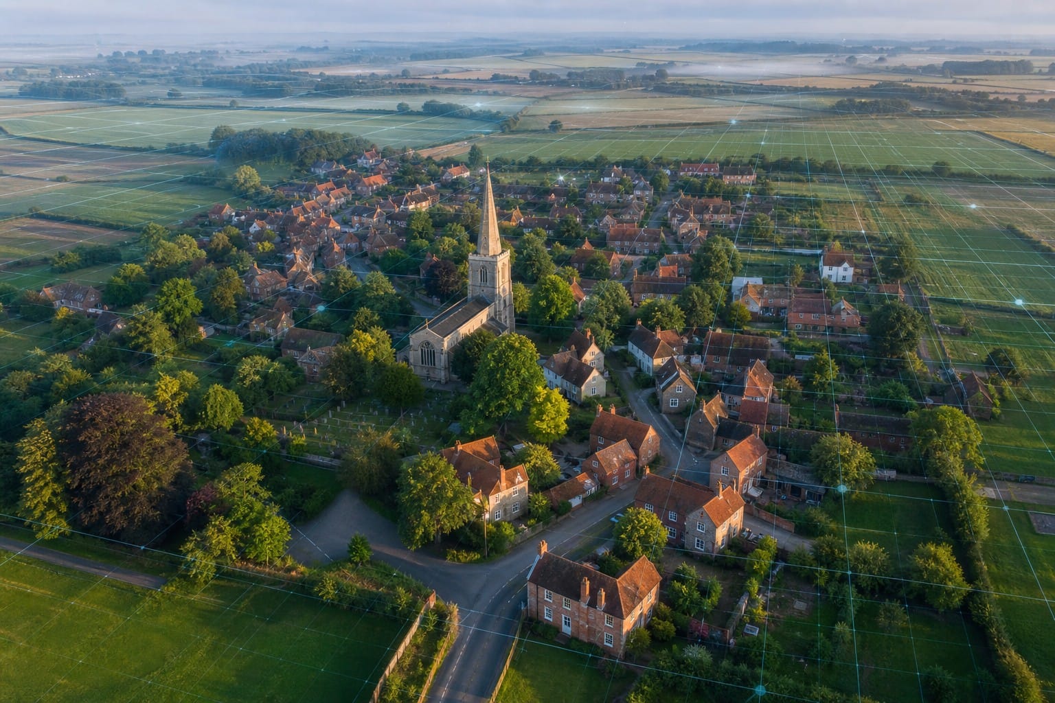 Aerial view of an English village with digital grid overlay suggesting AI land mapping analysis