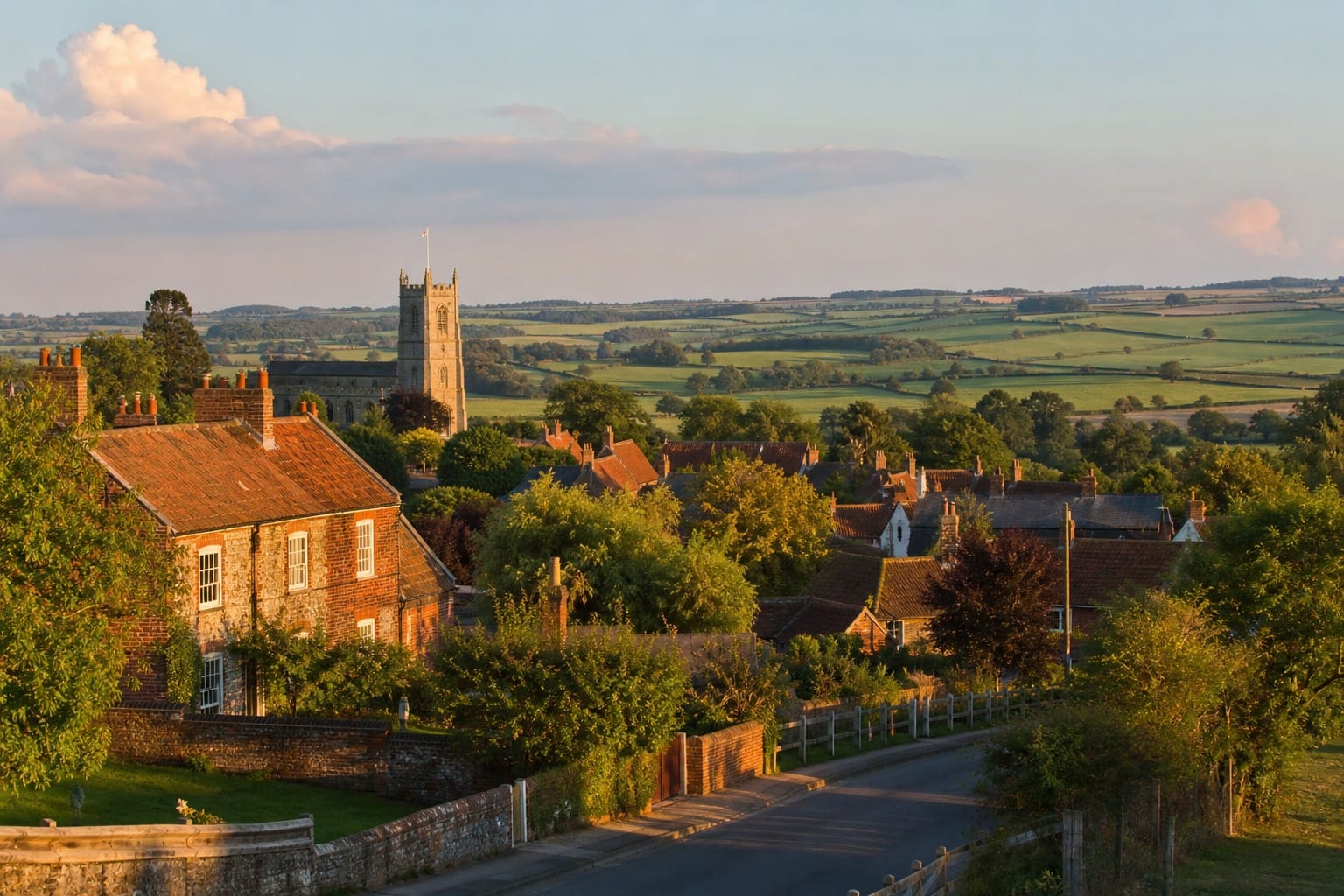 Norfolk village with brick and flint houses and church tower overlooking green farmland