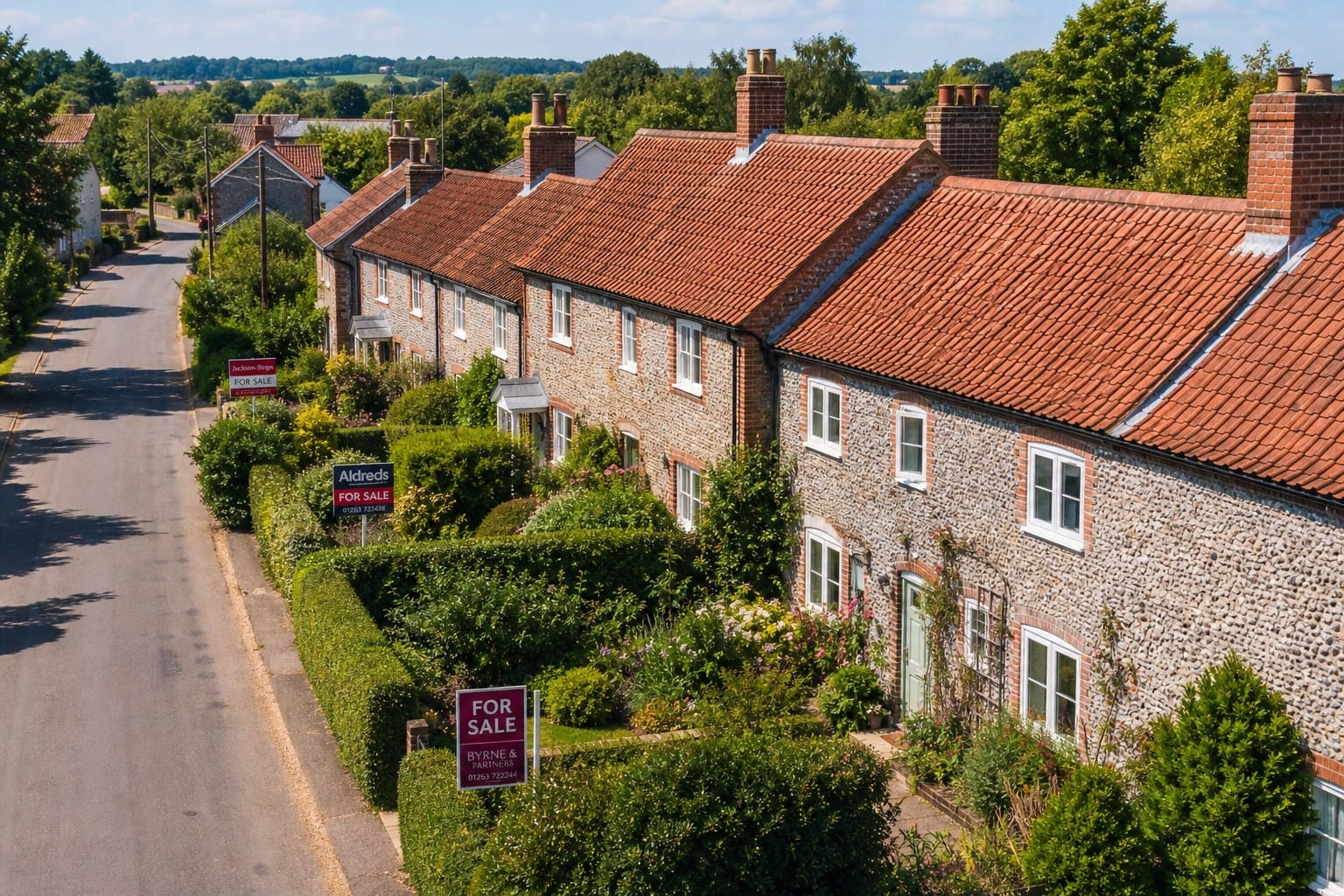 Traditional Norfolk cottages with for sale signs on a summer village street