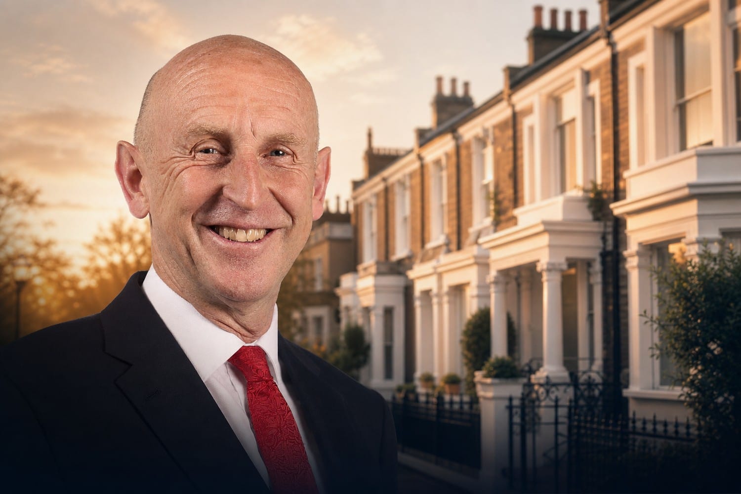 John Healey, Chancellor of the Exchequer, with British residential housing in the background