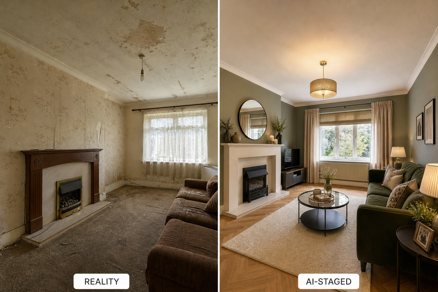Before and after comparison showing a tired dated living room on the left labelled Reality versus the same room digitally transformed with modern furniture and fresh paint on the right labelled AI-Staged