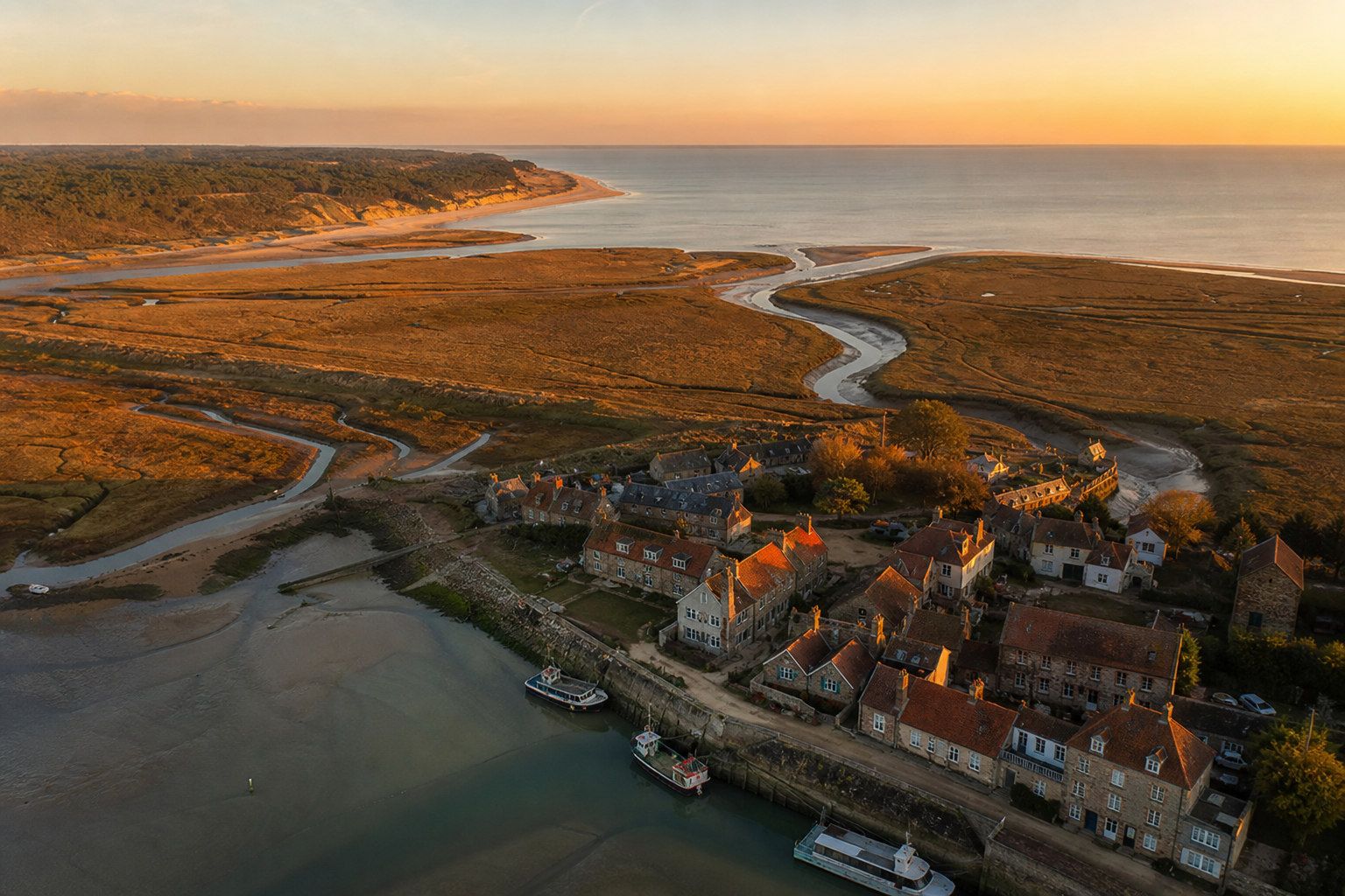 Aerial view of North Norfolk coast at golden hour, showing a quayside village surrounded by salt marshes and a sandy beach in the distance
