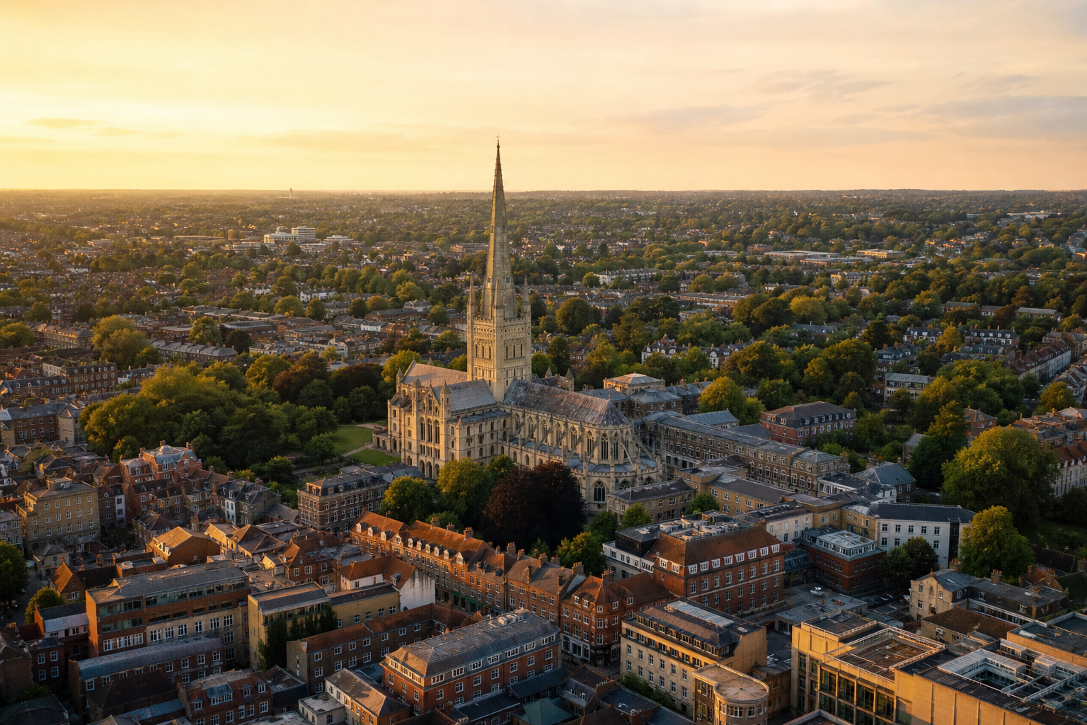 Aerial view of Norwich Cathedral and city at golden hour