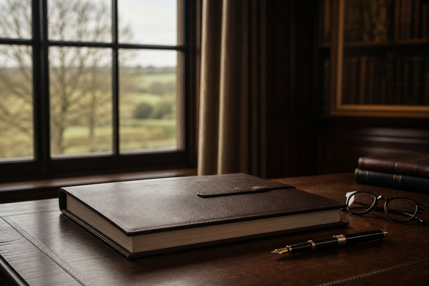 Property Pricing Brief on a desk in a refined study overlooking Norfolk countryside