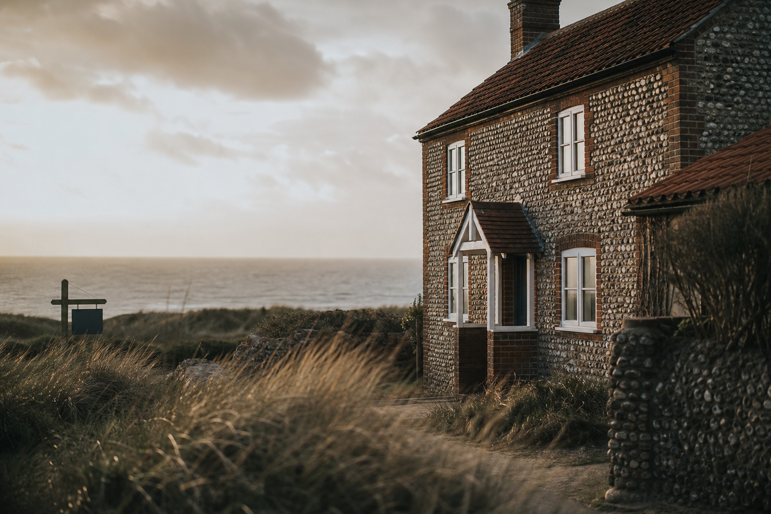 A traditional Norfolk flint cottage overlooking the North Sea coast at golden hour
