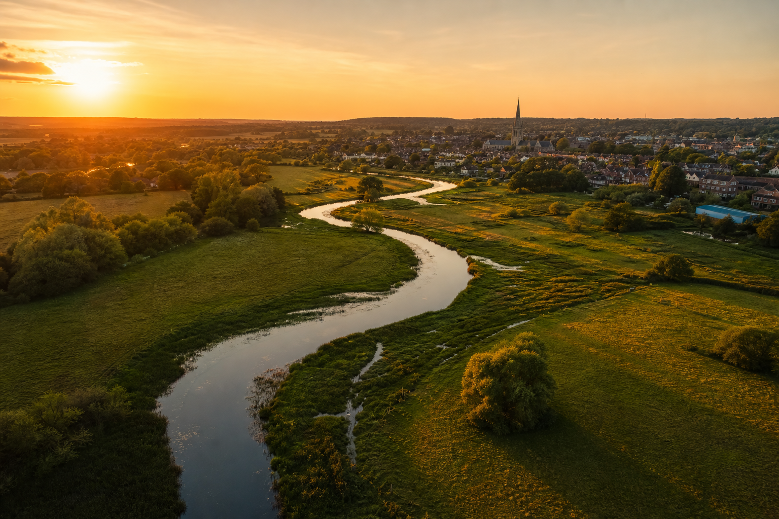 Aerial view of the Waveney Valley at golden hour, river winding through green water meadows with a market town and church spire in the distance