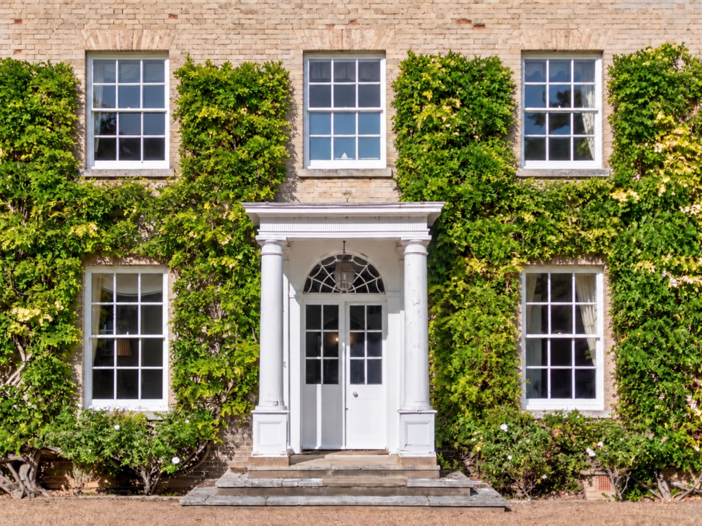Portico, columns and fanlight doorway at Loddon Hall, Grade II listed Georgian house, Norfolk