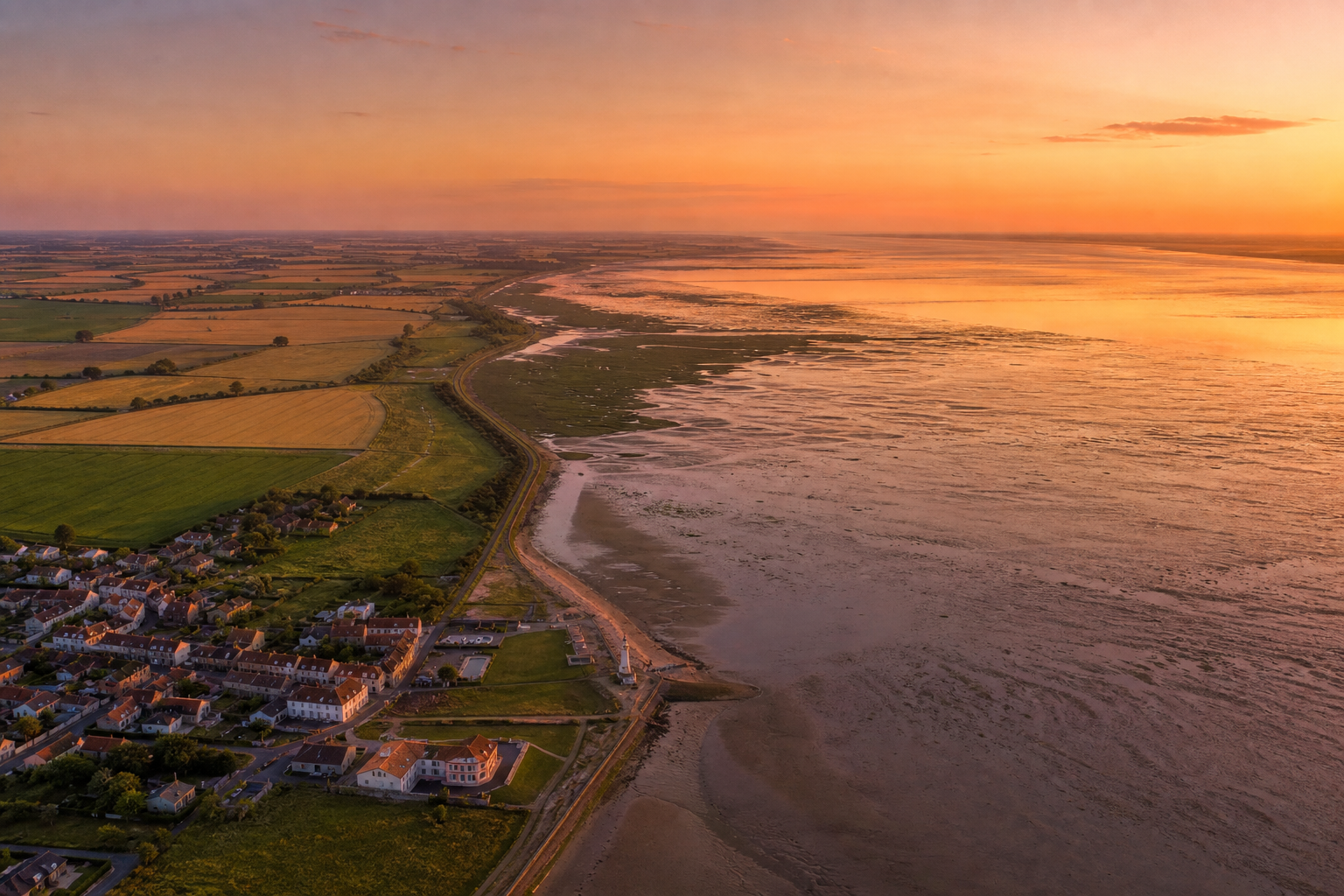 Aerial view of the West Norfolk coastline at golden hour, showing The Wash estuary, tidal flats and farmland